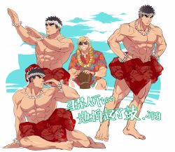 Rule 34 | 2boys, abs, alternate costume, bad id, bad twitter id, bara, bare pectorals, beach, black hair, bracelet, capcom, collage, dancing, drum, expressionless, flower, flower necklace, flower wreath, hands on own hips, headband, highres, instrument, jewelry, ken masters, large pectorals, male focus, mature male, multiple boys, muscular, muscular male, navel, necklace, nipples, pectorals, ryu (street fighter), short hair, sideburns, spiked hair, stomach, street fighter, street fighter ii (series), summer, sunglasses, thick eyebrows, thighs, translation request, yuiofire