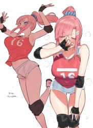Rule 34 | 1girl, bent over, breasts, closed eyes, elbow pads, fingerless gloves, gloves, highres, jumping, knee pads, large breasts, multiple views, original, pink hair, ponytail, purple eyes, sportswear, suisogenshi, volleyball uniform