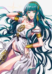 Rule 34 | 1girl, bare shoulders, blunt bangs, breasts, cleopatra (fate), cleopatra (third ascension) (fate), closed mouth, collarbone, cropped legs, dress, earrings, ears visible through hair, fate/grand order, fate (series), green eyes, green hair, hair ornament, hairband, hand on own hip, highres, jewelry, long hair, medium breasts, smile, solo, tenobe, very long hair, white background, white dress