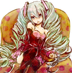Rule 34 | 1girl, bare shoulders, checkered clothes, checkered legwear, couch, detached sleeves, female focus, green eyes, green hair, hatsune miku, headphones, himetachibana, long hair, matching hair/eyes, open mouth, patterned legwear, patterned upholstery, sitting, skirt, solo, thighhighs, twintails, very long hair, vocaloid