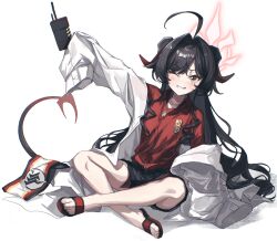 Rule 34 | 1girl, ahoge, armband, bare legs, black hair, black shorts, blue archive, coat, collared shirt, demon horns, demon tail, gehenna academy logo, hair intakes, halo, highres, horns, kasumi (blue archive), long hair, one eye closed, red shirt, sandals, shirt, shorts, sleeves past fingers, sleeves past wrists, solo, sw haze, tail, white background, white coat, yellow eyes