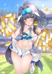 Rule 34 | 1girl, animal ears, black hair, blue archive, blue eyes, blush, breasts, cheerleader, cleavage, dog ears, dog tail, goggles, goggles on head, halo, hibiki (blue archive), hibiki (cheer squad) (blue archive), highres, long hair, medium breasts, millennium cheerleader outfit (blue archive), mutou mame, navel, official alternate costume, skirt, solo, tail