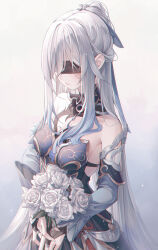 Rule 34 | 1girl, absurdres, amaroku neko, armpit crease, black blindfold, blindfold, blue dress, blue sleeves, breasts, bridal gauntlets, chinese clothes, chromatic aberration, closed mouth, collarbone, covered eyes, detached sleeves, dress, epiphyllum, facing ahead, flower, from side, gradient background, grey background, hands on own stomach, high ponytail, highres, holding, holding flower, honkai: star rail, honkai (series), jingliu (honkai: star rail), long hair, long sleeves, medium breasts, parted bangs, rose, sidelocks, solo, upper body, white flower, white hair, white rose