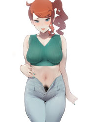 Rule 34 | 1girl, bad id, bad pixiv id, breasts, colored skin, creatures (company), curly hair, drill hair, female pubic hair, game freak, green eyes, green nails, green shirt, grey pants, head out of frame, ikuchan kaoru, long hair, looking at viewer, medium breasts, midriff, mismatched pubic hair, multicolored skin, nail polish, navel, nintendo, open mouth, orange hair, pants, pokemon, pokemon swsh, pubic hair, pubic hair peek, shirt, side ponytail, sleeveless, smile, solo, sonia (pokemon), stomach, swept bangs, thighs, unzipped