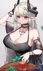 Rule 34 | 1girl, absurdres, aquarius cat, arknights, black choker, black gloves, breasts, choker, cleavage, commentary request, detached sleeves, dress, gloves, grey background, hand up, highres, horns, large breasts, long hair, mudrock (arknights), mudrock (obsidian) (arknights), pointy ears, red eyes, short sleeves, simple background, sleeveless, sleeveless dress, smile, solo, upper body, white hair