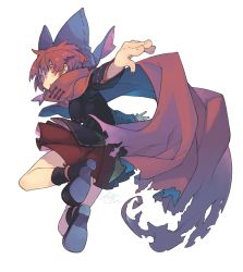 Rule 34 | 1girl, arms at sides, bow, cape, foreshortening, hair bow, highres, looking at viewer, morino hon, red eyes, red hair, sekibanki, short hair, simple background, skirt, solo, torn clothes, touhou, white background