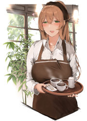 Rule 34 | 1girl, :d, apron, black nails, blush, breasts, brown apron, brown hair, coffee, collared shirt, commentary request, cup, girls&#039; frontline, green eyes, hair between eyes, hair ornament, highres, holding, holding tray, indoors, large breasts, long hair, looking at viewer, springfield (girls&#039; frontline), nail polish, open mouth, plant, ponytail, shirt, smile, solo, spoon, steam, syotastar, tray, white shirt, window, wing collar