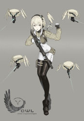 Rule 34 | 1girl, :d, bad id, bad twitter id, belt, belt pouch, black footwear, bodysuit, boots, cropped jacket, floating hair, full body, gloves, grey background, grey eyes, grey hair, gun, hand up, harness, headset, highres, holding, holding gun, holding weapon, km yama, leaning forward, logo, long sleeves, looking at viewer, open mouth, original, pale skin, ponytail, pouch, robot, simple background, smile, solo, suppressor, tactical clothes, trigger discipline, weapon, white bodysuit