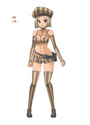 Rule 34 | 1girl, :d, bare shoulders, barroth, belt, bikini, bikini top only, blush, breasts, choker, cleavage, color guide, dark-skinned female, dark skin, detached sleeves, full body, grey choker, grey hair, grey thighhighs, hat, long sleeves, medium breasts, micro shorts, monster hunter (series), navel, ohta yuichi, open mouth, personification, short hair, short shorts, shorts, simple background, smile, solo, standing, striped clothes, striped thighhighs, swimsuit, thighhighs, vertical-striped clothes, vertical-striped thighhighs, white background