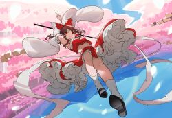 Rule 34 | 1girl, absurdres, arms up, black footwear, breasts, brown hair, cherry blossoms, chest sarashi, closed mouth, commentary request, detached sleeves, devilkillerx, flying, frilled hair tubes, frilled skirt, frills, full body, gohei, hair tubes, hakurei reimu, happy, highres, holding, holding gohei, holding ofuda, legs, long sleeves, mary janes, medium hair, midriff, outdoors, red eyes, red shirt, red skirt, sarashi, shirt, shoe soles, shoes, skirt, sleeveless, sleeveless shirt, small breasts, smile, socks, solo, touhou, white sleeves, white socks, wide sleeves