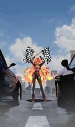 1girl ahoge biker_clothes bikesuit black_bikesuit black_gloves bodysuit breasts brown-tinted_eyewear car checkered_flag cleavage earrings flag genshin_impact gloves highres holding holding_flag jewelry long_hair looking_at_viewer mavuika_(genshin_impact) motor_vehicle multicolored_hair orange_eyes orange_hair race_flag race_queen red_hair ryrmcher smile sun_earrings sunglasses tinted_eyewear two-tone_eyes two-tone_hair very_long_hair