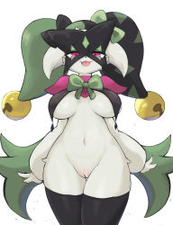 Rule 34 | 1girl, absurdres, animal nose, arms up, bell, black background, body fur, bottomless, breasts, cape, claws, cleavage, cleft of venus, creatures (company), fang, female focus, furry, furry female, game freak, green cape, green fur, half-closed eyes, hat, highres, jester cap, large breasts, legs, looking at viewer, meowscarada, nintendo, open mouth, pink eyes, pokemon, pokemon (creature), pussy, simple background, solo, thighhighs, third-party edit, two-sided cape, two-sided fabric, yoru (yoru vida)