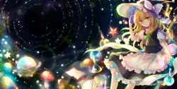 Rule 34 | 1girl, adjusting clothes, adjusting headwear, apron, blonde hair, book, bow, bug, butterfly, frills, gradient background, grimoire, hair bow, hat, hat bow, insect, kazu (muchuukai), kirisame marisa, light, light rays, looking at viewer, mushroom, paper, planet, potion, puffy sleeves, short sleeves, smile, solo, star (symbol), touhou, waist apron, witch hat, yellow eyes