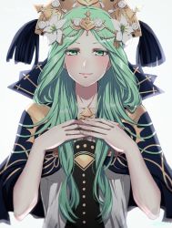 Rule 34 | 1girl, blue capelet, blush, capelet, closed mouth, collarbone, fire emblem, fire emblem: three houses, flower, green eyes, green hair, hair flower, hair ornament, half-closed eyes, highres, long hair, looking at viewer, nintendo, rhea (fire emblem), shinae, smile, solo, upper body, white flower