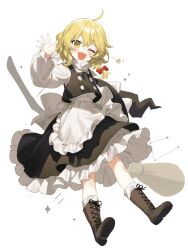 Rule 34 | 1girl, ;d, ahoge, apron, black footwear, black skirt, black vest, blonde hair, blush, boots, bow, braid, broom, commentary request, cross-laced footwear, frilled apron, frilled skirt, frills, full body, hair between eyes, hair bow, hand up, happy, highres, jill 07km, kirisame marisa, long sleeves, looking at viewer, no headwear, one eye closed, open mouth, red bow, shirt, short hair, simple background, single braid, skirt, smile, solo, sparkle, star (symbol), touhou, vest, waist apron, waving, white apron, white background, white shirt, yellow eyes