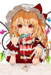 Rule 34 | 2girls, :p, alternate costume, ascot, bad id, bad twitter id, blonde hair, blue hair, blush, bow, chocolate syrup, commentary, cup, dress, drinking glass, flandre scarlet, food, fruit, gotou (nekocat), hair between eyes, hands up, hat, highres, holding, holding spoon, ice cream, in container, in cup, in food, leaf, leaf on head, looking at viewer, mini person, minigirl, mint, mob cap, multiple girls, one side up, open mouth, red bow, red dress, red eyes, remilia scarlet, short hair, siblings, simple background, sisters, spoon, strawberry, sundae, symbol-only commentary, tongue, tongue out, touhou, upper body, white background, white headwear, wrist cuffs, yellow ascot
