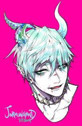 Rule 34 | 1boy, :d, asymmetrical horns, belt collar, collar, eyeshadow, fins, green eyes, green hair, hair between eyes, head fins, horns, looking at viewer, makeup, open mouth, original, parted lips, pigeon666, pink background, portrait, short hair, simple background, smile, solo, spiked collar, spikes