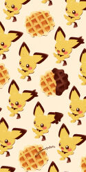 Rule 34 | :p, bright pupils, chocolate, creatures (company), food, game freak, gen 2 pokemon, highres, nintendo, no humans, one eye closed, open mouth, pichu, pokemon, pokemon (creature), satsumapotato, signature, simple background, smile, spiky-eared pichu, tongue, tongue out, waffle, white pupils
