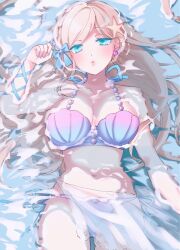Rule 34 | 1girl, bikini, blonde hair, blue bow, blue eyes, bow, breasts, cleavage, collarbone, earrings, hair bow, highres, jewelry, large breasts, long hair, lying, momomo ri, multicolored nails, nail polish, navel, on back, original, partially submerged, sarong, shell, shell bikini, shell earrings, side-tie bikini bottom, solo, starfish hair ornament, swimsuit, water