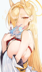 Rule 34 | 1girl, absurdres, animal ears, blonde hair, blue archive, breasts, cameo, chise (blue archive), commentary request, covering own mouth, detached sleeves, extra ears, eyes visible through hair, eyeshadow, fox ears, fox girl, hair over one eye, hairband, halo, hand fan, highres, holding, holding fan, japanese clothes, kaho (blue archive), kimono, koyo akio, large breasts, long hair, long sleeves, looking at viewer, looking to the side, makeup, mole, mole under mouth, red eyeshadow, rope, shimenawa, sideboob, sideless outfit, sidelocks, simple background, skindentation, solo, sparkle, straight hair, sweatdrop, thick eyebrows, upper body, very long hair, white background, white kimono, wide sleeves