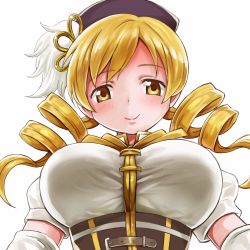 Rule 34 | 10s, 1girl, blonde hair, blush, drill hair, eyebrows, happy, hat, highres, looking at viewer, mahou shoujo madoka magica, mahou shoujo madoka magica (anime), neck ribbon, ribbon, sharumon, short hair, simple background, sketch, smile, solo, tomoe mami, white background, yellow eyes