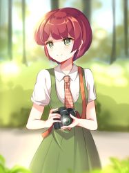 10s 1girl bad_id bad_pixiv_id camera checkered_clothes checkered_necktie checkered_neckwear danganronpa_(series) danganronpa_2:_goodbye_despair female_focus green_eyes kobeni koizumi_mahiru necktie red_hair short_hair smile solo