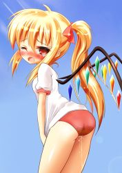 Rule 34 | 1girl, blonde hair, blush, dithering, female focus, flandre scarlet, gym uniform, open mouth, outdoors, peeing, public indecency, red eyes, shokicho, side ponytail, sky, solo, tears, touhou, wet, wince, wings