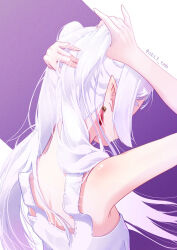 Rule 34 | 1girl, absurdres, adjusting hair, back, bare arms, bare shoulders, commentary, dress, earrings, elf, english commentary, frieren, from behind, highres, jewelry, long hair, nape, obi3, pointy ears, shoulder blades, sidelocks, solo, sousou no frieren, thick eyebrows, twintails, twitter username, upper body, white dress, white hair