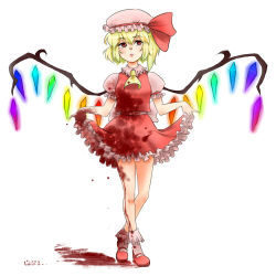 Rule 34 | 1girl, artist request, ascot, blonde hair, blood, bow, clothes lift, curtsey, embodiment of scarlet devil, female focus, flandre scarlet, frills, full body, hair bow, hat, jobiko, legs, lowres, mary janes, ponytail, pout, red eyes, ribbon, shoes, short hair, side ponytail, skirt, skirt lift, socks, solo, standing, touhou, vest, white background, wings