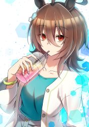 Rule 34 | 1girl, agnes tachyon (umamusume), ahoge, animal ears, blue shirt, bracelet, breasts, brown hair, chemical structure, commentary request, cup, disposable cup, drinking straw, drinking straw in mouth, earrings, hair between eyes, highres, holding, holding cup, horse ears, horse girl, jacket, jewelry, long sleeves, medium breasts, messy hair, open clothes, open jacket, pants, ruisuke, shirt, short hair, sidelocks, simple background, single earring, solo, umamusume, upper body, white background, white jacket