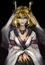 Rule 34 | 1girl, black background, blonde hair, blood, breasts, candle, cleavage, collarbone, dark, eyelashes, fire, fire, green eyes, green nails, hair between eyes, half-closed eyes, highres, japanese clothes, jewelry, kimono, kyogoku-uru, long eyelashes, long sleeves, looking down, mizuhashi parsee, mouth hold, nail, nail polish, necklace, ritual, short hair, small breasts, solo, touhou, veil, voodoo, white kimono, wide sleeves
