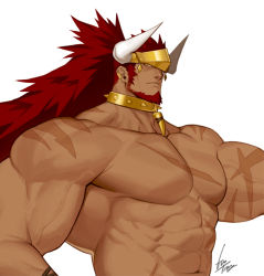 Rule 34 | 1boy, abs, bara, beard, character request, close-up, collar, copyright request, dark skin, dark-skinned male, facial hair, gomtang, horns, large pectorals, long hair, looking at viewer, male focus, mature male, muscular, muscular male, navel, nipples, nude, pectorals, red hair, scar, scar on arm, scar on chest, scar on leg, solo, spiked collar, spikes, stomach, upper body