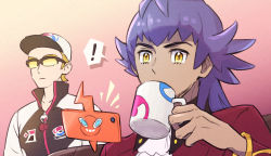 Rule 34 | !, 2boys, ascot, baseball cap, blonde hair, buttons, closed mouth, collarbone, commentary request, creatures (company), cup, dark-skinned male, dark skin, drinking, facial hair, game freak, gen 4 pokemon, gradient background, harai (haraiqq), hat, highres, holding, holding cup, jacket, league staff (pokemon), leon (pokemon), long hair, male focus, mug, multiple boys, nintendo, pokemon, pokemon swsh, purple hair, red jacket, rotom, rotom phone, spoken exclamation mark, sunglasses, whistle, white ascot, white headwear, yellow eyes, zipper pull tab