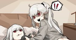 Rule 34 | !, !!, 2girls, :3, ahoge, earrings, food, food on face, gogalking, grey hair, grey shirt, hair tie, jewelry, licking lips, looking at viewer, messy hair, multiple girls, on bed, original, pillow, ponytail, red eyes, shirt, siblings, sisters, spoken exclamation mark, sweatdrop, tongue, tongue out, vampire (gogalking), worried