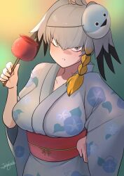 Rule 34 | 1girl, annoyed, black hair, blue headwear, blue kimono, blush, breasts, candy apple, closed mouth, commentary, festival, floral print, food, grey hair, hair between eyes, hand on own hip, head wings, highres, japanese clothes, john (a2556349), kemono friends, kemono friends 3, kimono, large breasts, looking at viewer, multicolored hair, obi, sash, shoebill (kemono friends), sidelocks, solo, wide sleeves, wings, yukata