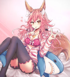 Rule 34 | 1girl, absurdres, animal ear fluff, animal ears, black legwear, blush, bra, breasts, cleavage, collarbone, fate/grand order, fate (series), fox ears, fox girl, fox shadow puppet, fox tail, heart, highres, ikea shark, jacket, large breasts, long hair, looking at viewer, nail polish, official alternate costume, open clothes, open jacket, pink bra, pink hair, shark, smile, solo, stuffed animal, stuffed shark, stuffed toy, tail, tamamo (fate), tamamo no mae (fate/extra), tamamo no mae (spring casual) (fate), underwear, yazuishou ray, yellow eyes