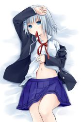 Rule 34 | 10s, 1girl, blue eyes, date a live, looking at viewer, meso-meso, ribbon, school uniform, short hair, simple background, skirt, solo, tobiichi origami, undressing, white background, white hair