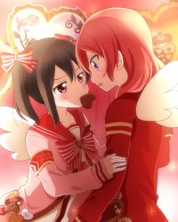 Rule 34 | 10s, 2girls, angel wings, armband, bad id, bad pixiv id, black hair, bow, candy, character name, chocolate, chocolate heart, face-to-face, food, hair bow, hand on another&#039;s arm, hand on another&#039;s arms, heart, highres, long sleeves, love live!, love live! school idol festival, love live! school idol project, mippii108, mouth hold, multiple girls, nishikino maki, purple eyes, red eyes, red hair, sailor collar, sleeves past wrists, twintails, valentine, wings, yazawa nico, yuri