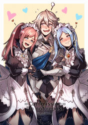 Rule 34 | 1boy, 2girls, arm hug, armor, black gloves, blue hair, blush, bridal gauntlets, commission, corrin (fire emblem), corrin (male) (fire emblem), double arm hug, embarrassed, fang, felicia (fire emblem), fire emblem, fire emblem fates, flora (fire emblem), flying sweatdrops, gloves, grey hair, gzei, heart, heart-shaped pupils, highres, maid, maid headdress, multiple girls, nintendo, pink hair, pointy ears, ponytail, red eyes, smile, symbol-shaped pupils, twintails