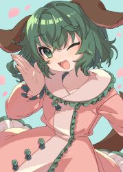 Rule 34 | 1girl, absurdres, animal ears, aqua background, blush, dog ears, dog tail, dress, e sdss, fingernails, frilled sleeves, frills, green eyes, green hair, hair between eyes, highres, kasodani kyouko, long sleeves, looking at viewer, one eye closed, open mouth, pink dress, short hair, smile, solo, tail, touhou
