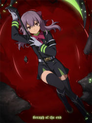 Rule 34 | 10s, 1girl, bad id, bad pixiv id, black footwear, blood, boots, brown eyes, copyright name, dutch angle, gloves, gradient background, hiiragi shinoa, knee boots, long hair, military, military uniform, official style, owari no seraph, purple hair, ribbon, ripples, ruro (artist), ruro (ruro126), scythe, skirt, smile, solo, thighhighs, uniform