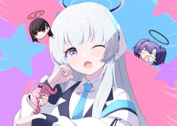 Rule 34 | 1girl, ;o, black hair, blazer, blue archive, blue necktie, blunt bangs, blush stickers, cameo, chibi, chibi inset, clenched hand, coat, collared shirt, commentary request, hair between eyes, halo, headgear, highres, jacket, long hair, long sleeves, looking at viewer, necktie, noa (blue archive), one eye closed, open clothes, open coat, parted bangs, pink hair, purple eyes, purple hair, red eyes, school uniform, shirt, sidelocks, simple background, solo, star (symbol), starry background, tonomiya68, tracen ondo (song), triangle hair ornament, twintails, two-tone background, two side up, umamusume, white coat, white hair