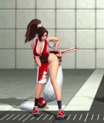Rule 34 | 1girl, 3d, animated, animated gif, bare legs, bare shoulders, bouncing breasts, breasts, brown hair, cleavage, downblouse, fatal fury, female focus, fingerless gloves, folding fan, gloves, hand fan, hanging breasts, high ponytail, holding, holding weapon, idle animation, indoors, large breasts, leaning forward, legs, long hair, lowres, ninja, no bra, pelvic curtain, ponytail, revealing clothes, shiranui mai, sideboob, snk, solo, taunting, the king of fighters, the king of fighters xiv, weapon