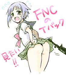 Rule 34 | 1girl, arms behind back, ass, assault rifle, assisted exposure, bad id, bad pixiv id, blue hair, bow, clothes lift, crying, crying with eyes open, fn fnc, fnc (upotte!!), green skirt, gun, leaning, leaning forward, looking back, open mouth, pink bow, pleated skirt, purple eyes, rifle, sakurai makoto (custom size), school uniform, serafuku, short hair, simple background, skirt, skirt lift, solo, sweat, tears, text focus, thong, translation request, upotte!!, wavy mouth, weapon, white background