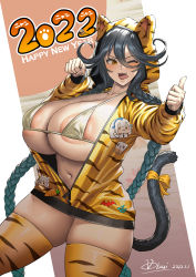 Rule 34 | 1girl, 2022, animal ears, animal hood, animal print, areola slip, arms up, artist name, badge, bikini, black hair, blush, braid, breasts, button badge, cat ears, cat girl, cat tail, character badge, chinese zodiac, cleavage, collarbone, commentary request, covered erect nipples, cowboy shot, dated, fangs, female focus, fingernails, hair between eyes, hands up, happy new year, highres, hood, hood up, hooded jacket, hoodie, huge breasts, jacket, last origin, long fingernails, long hair, long sleeves, looking to the side, meme, navel, new year, obui, one eye closed, open mouth, partially unzipped, paw pose, poi (last origin), ribbon, sidelocks, signature, skindentation, smile, solo, standing, stomach, swimsuit, tail, tail ornament, tail ribbon, teeth, thighhighs, thumbs up, tiger hood, tiger print, tongue, tongue out, twin braids, undersized clothes, upper teeth only, very long hair, white bikini, year of the tiger, yellow eyes, yellow hoodie, yellow jacket, yellow ribbon, yellow thighhighs, zipper, zipper pull tab