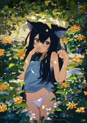 Rule 34 | 1girl, absurdres, animal ear fluff, bad id, bad pixiv id, bare arms, bare shoulders, black hair, blue tank top, blush, brown eyes, closed mouth, flower, groin, hair between eyes, hands up, highres, kgt (pixiv12957613), long hair, looking at viewer, no pants, original, panties, signature, smile, solo, standing, tank top, underwear, very long hair, white flower, white panties, yellow flower