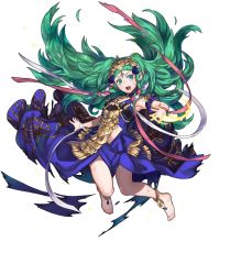 Rule 34 | 1girl, armpits, barefoot, bracelet, braid, feet, fire emblem, fire emblem: three houses, fire emblem heroes, full body, green eyes, green hair, highres, jewelry, long hair, maiponpon, matching hair/eyes, nintendo, official art, open mouth, pointy ears, side braid, solo, sothis (fire emblem), sparkle, teeth, tiara, toes, torn clothes, transparent background, very long hair