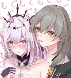 2girls biting biting_ear black_crown black_jacket black_tiara blush bug butterfly castorice_(honkai:_star_rail) chrysos_heirs_(honkai:_star_rail) crown flower flower_ornament gloves grey_hair hair_flower hair_ornament highres honkai:_star_rail honkai_(series) insect jacket long_hair medium_hair multiple_girls pointy_ears purple_eyes purple_gloves purple_hair purple_pupils stelle_(honkai:_star_rail) tefutefufu tiara trailblazer_(honkai:_star_rail) yellow_eyes yuri