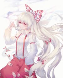 Rule 34 | 1girl, absurdres, blush, bow, breasts, buttons, cigarette, closed mouth, collar, collared shirt, eyes visible through hair, fujiwara no mokou, hair between eyes, hair bow, hand in pocket, hand up, highres, imperishable night, long hair, long sleeves, looking to the side, love0611shrchi, medium breasts, multicolored bow, ofuda, ofuda on clothes, pants, puffy long sleeves, puffy sleeves, red bow, red eyes, red pants, shirt, simple background, smoke, solo, standing, touhou, white background, white bow, white hair, white shirt