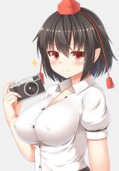 Rule 34 | 1girl, :3, arm at side, black hair, black wings, breasts, buttons, camera, cleavage, closed mouth, collared shirt, covered erect nipples, dress shirt, grey background, hair between eyes, hat, highres, holding, holding camera, large breasts, looking at viewer, no bra, pointy ears, pom pom (clothes), puffy short sleeves, puffy sleeves, red eyes, shameimaru aya, shirt, short hair, short sleeves, simple background, smile, solo, sparkle, tassel, tokin hat, touhou, white shirt, wings, yuu (yu0221f)
